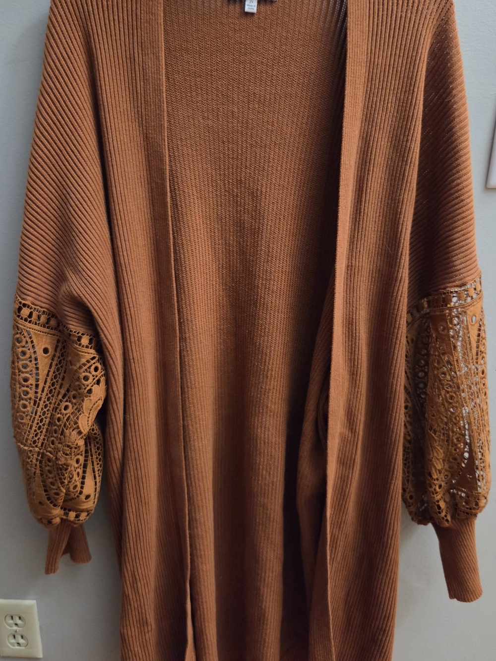 NorthStyle Size 2X Open-Front Long Cardigan Sweater Lace Sleeves Rust Orange